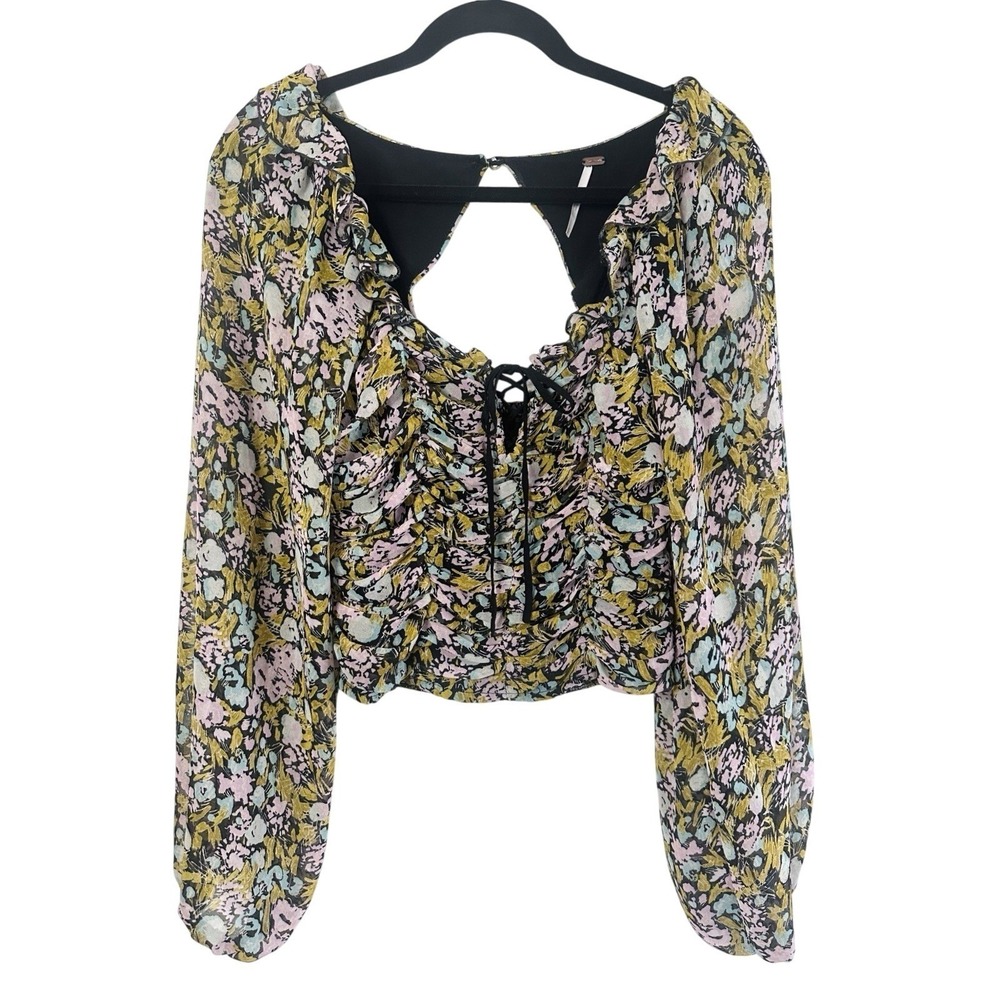 Free People Mabel Floral Printed Ruched Smocked Crop Top Long Sleeve Blouse S‎